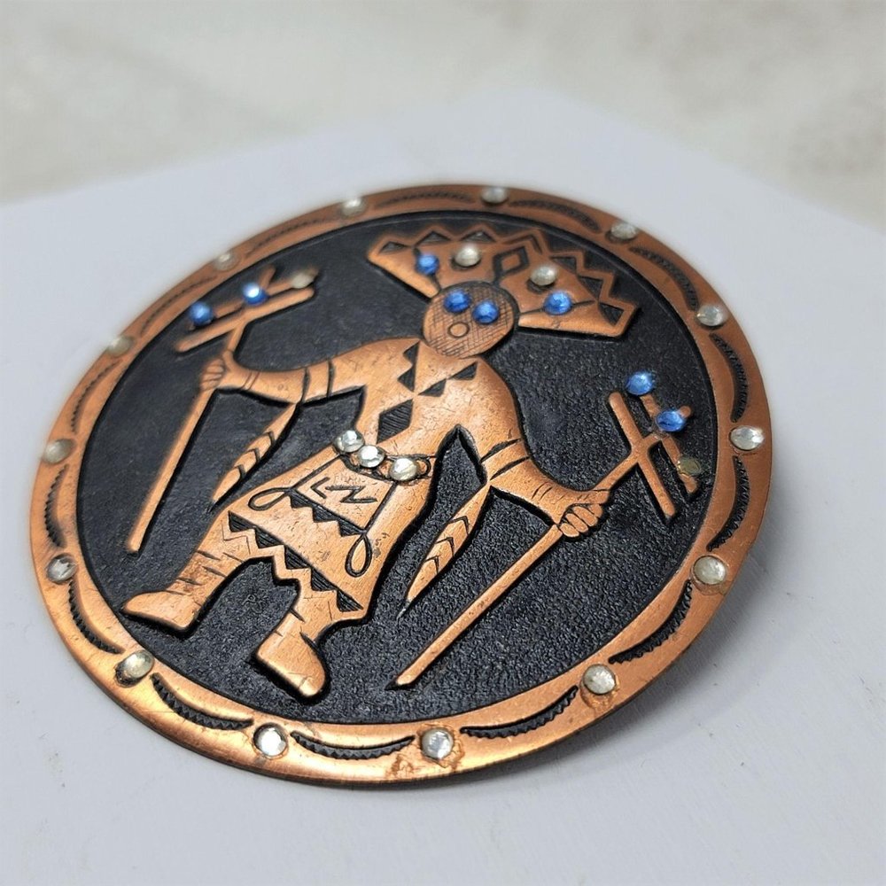 Copper Indian Fancy Dancer Pin Brooch Rhinestones